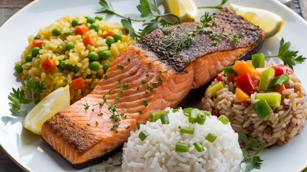 a plate of food with rice and salmon