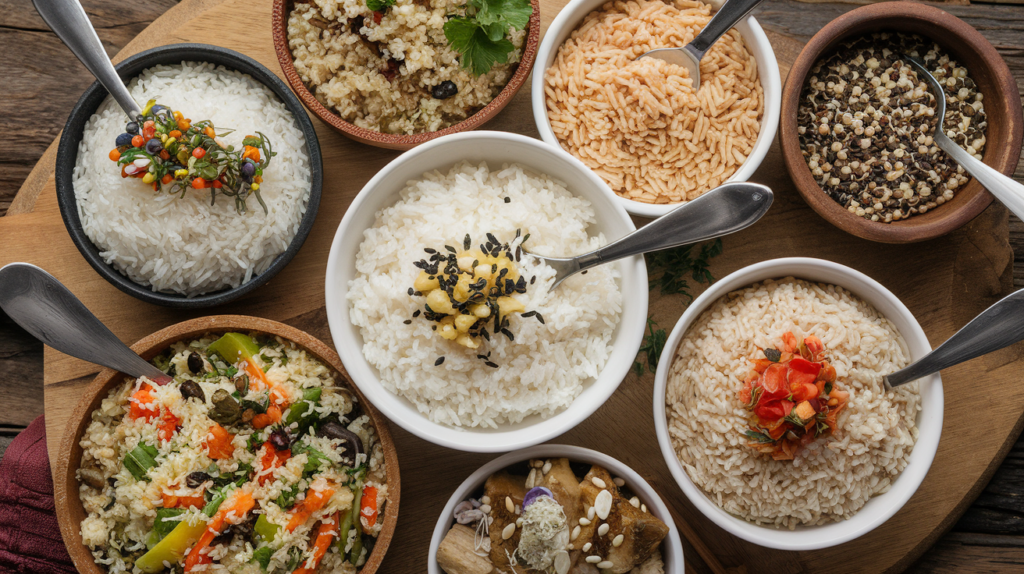 bowls of rice and vegetables