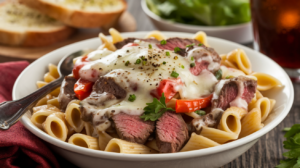 A close-up of creamy Philly Cheesesteak Pasta with tender steak, sautéed bell peppers, and melted provolone cheese, served with garlic bread on the side.