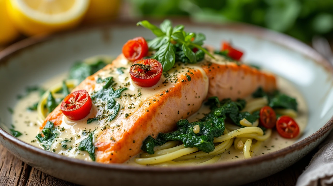 Creamy Tuscan salmon with spinach, sun-dried tomatoes, and garlic sauce served over pasta for a healthy dinner.