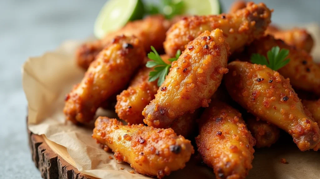 "Close-up of crispy, golden-brown dry rub chicken wings arranged on a rustic wooden board with a subtle seasoning coating, ready to be enjoyed."