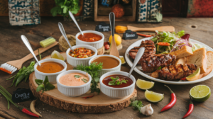 A variety of colorful sauces in small bowls, including Yum Yum Sauce, Garlic Butter Sauce, Avocado Crema, and Tzatziki, surrounded by fresh herbs, grilled meats, and salads.