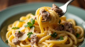 A close-up shot of Cheesy Beef and Bowtie Pasta in Garlic Butter, topped with fresh parsley, extra parmesan, and a creamy, cheesy sauce. A fork twirls a bite of pasta, showcasing the rich, savory dish.