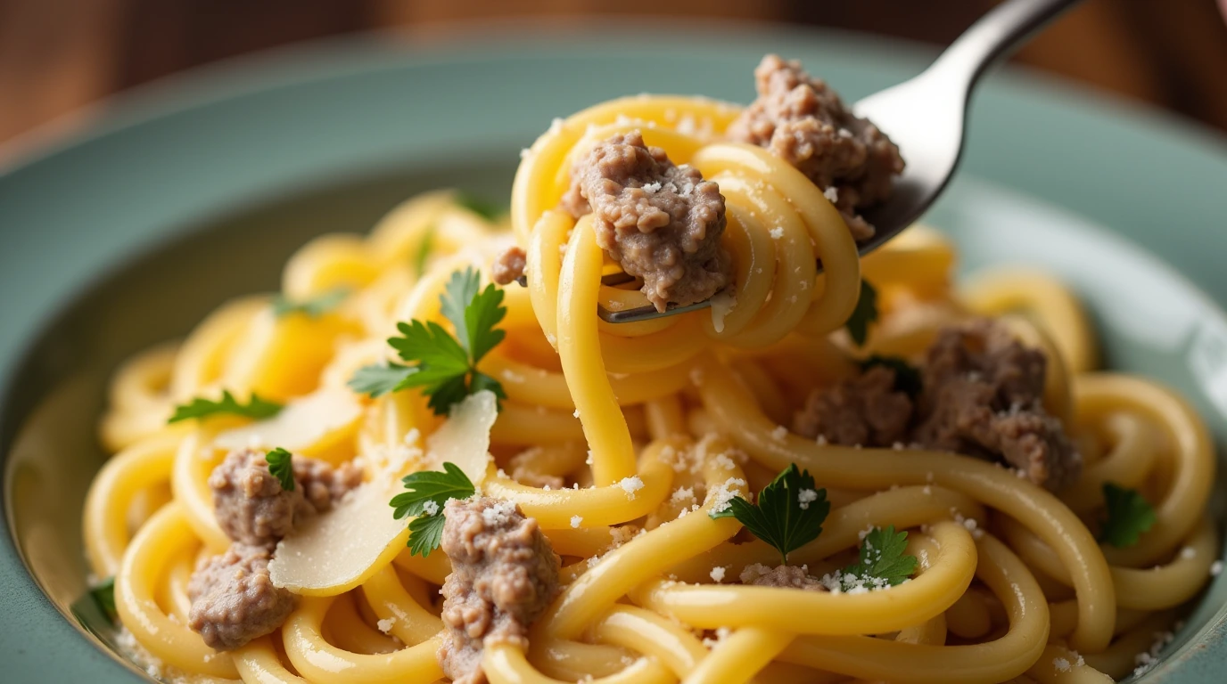 A close-up shot of Cheesy Beef and Bowtie Pasta in Garlic Butter, topped with fresh parsley, extra parmesan, and a creamy, cheesy sauce. A fork twirls a bite of pasta, showcasing the rich, savory dish.