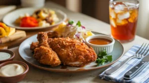 A plate of Baked Crunchy Hot Honey Chicken with crispy golden coating, drizzled with hot honey sauce, accompanied by creamy coleslaw, roasted vegetables, and mac & cheese.