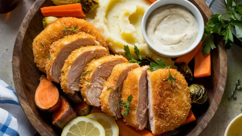 Fried chicken cutlets with panko crust, garlic aioli, and roasted vegetables on a white plate