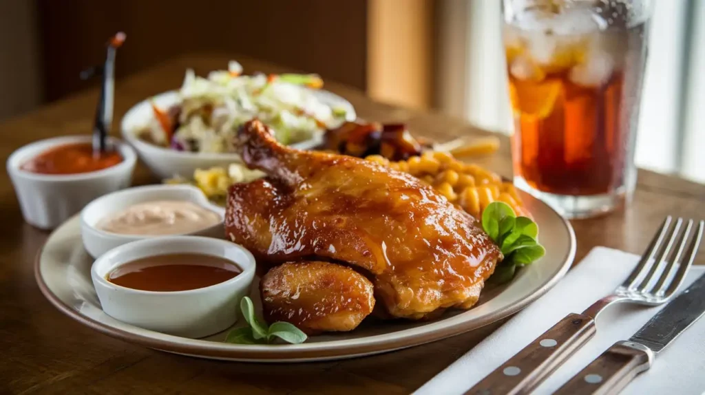 A delicious plate of Baked Crunchy Hot Honey Chicken served with roasted veggies, fresh coleslaw, and a refreshing drink on the side.