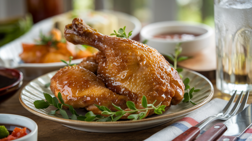 Hot Honey Chicken with a crispy crust, served with creamy mac & cheese, and a side of ranch dipping sauce for extra flavor.