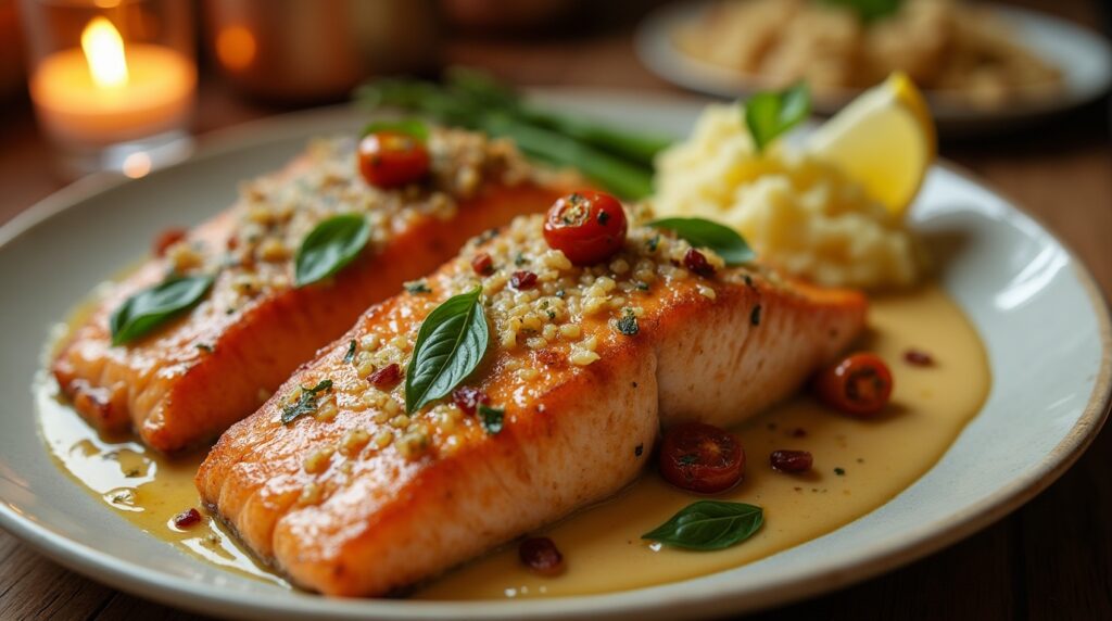  Marry Me Salmon served in a skillet with creamy garlic parmesan sauce and sun-dried tomatoes, topped with fresh basil and a squeeze of lemon.