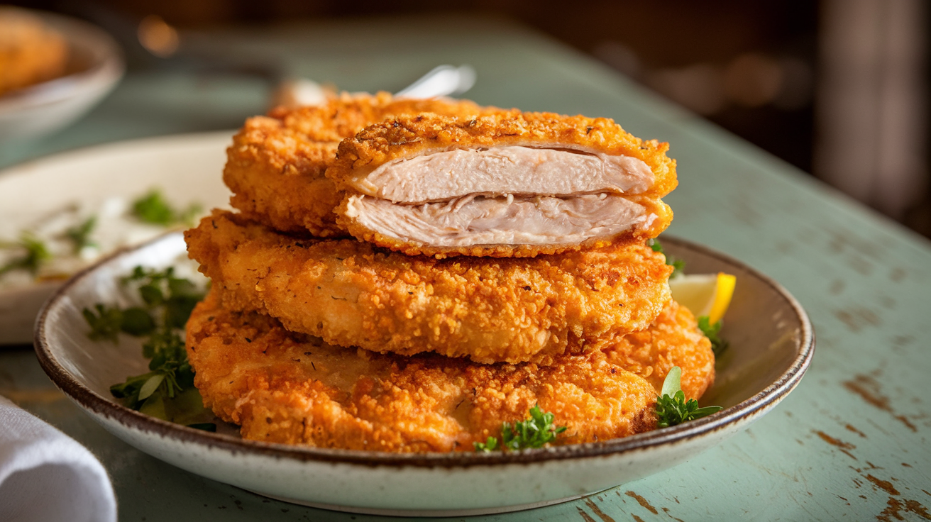 "Crispy chicken cutlets with golden breading, served with mashed potatoes, roasted vegetables, and dipping sauces on a rustic plate