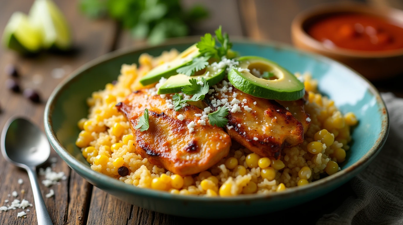 A vibrant Street Corn Chicken Rice Bowl with grilled chicken, creamy corn, avocado slices, and fresh cilantro, served in a rustic bowl with lime wedges.