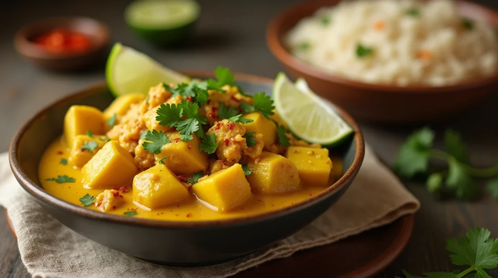 Slow Cooker Yellow Chicken Curry served in a bowl with a side of naan bread and lime wedges.

Slow Cooker Yellow Chicken Curry served in a bowl with a side of naan bread and lime wedges.