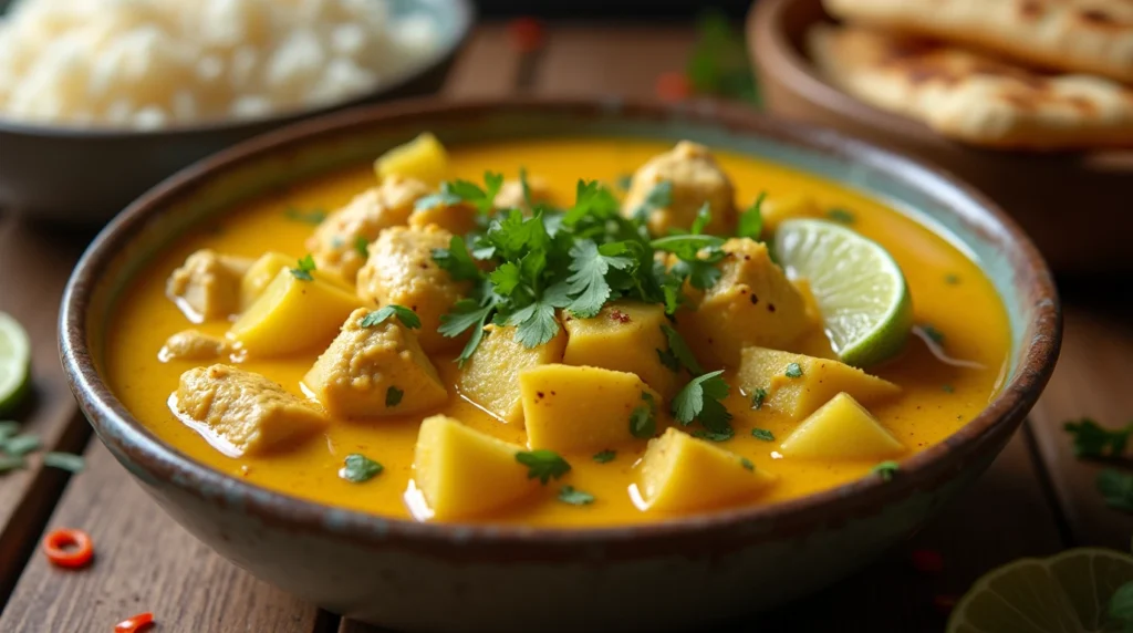 Close-up of creamy Slow Cooker Yellow Chicken Curry with chicken, vegetables, and coconut milk, garnished with cilantro and lime.