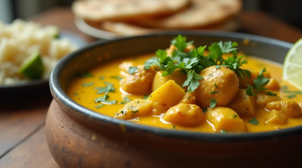  A bowl of creamy Slow Cooker Yellow Chicken Curry with golden sauce, chicken pieces, and vegetables, garnished with cilantro and served with basmati rice.