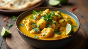 A bowl of creamy Slow Cooker Yellow Chicken Curry with tender chicken pieces, vibrant golden sauce, and garnished with fresh cilantro and a wedge of lime, served with jasmine rice and naan bread.