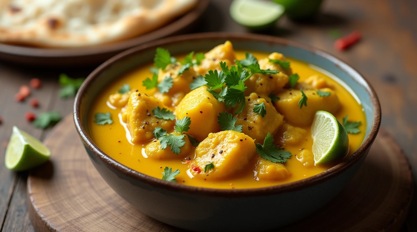 A bowl of creamy Slow Cooker Yellow Chicken Curry with tender chicken pieces, vibrant golden sauce, and garnished with fresh cilantro and a wedge of lime, served with jasmine rice and naan bread.