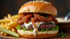 Juicy beef burger with mayo and crispy fried onions on a toasted brioche bun, served with golden fries.