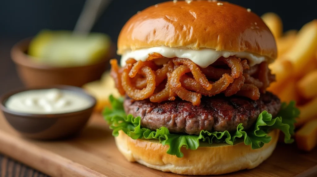 Juicy beef burger with crispy fried onions and creamy mayo on a toasted bun, served with a side of fries.