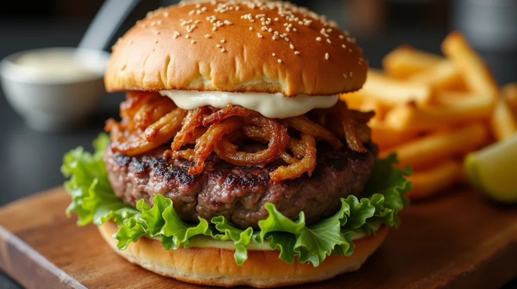 A homemade beef burger with a juicy patty, crispy fried onions, and creamy mayo on a toasted brioche bun, served with fries.