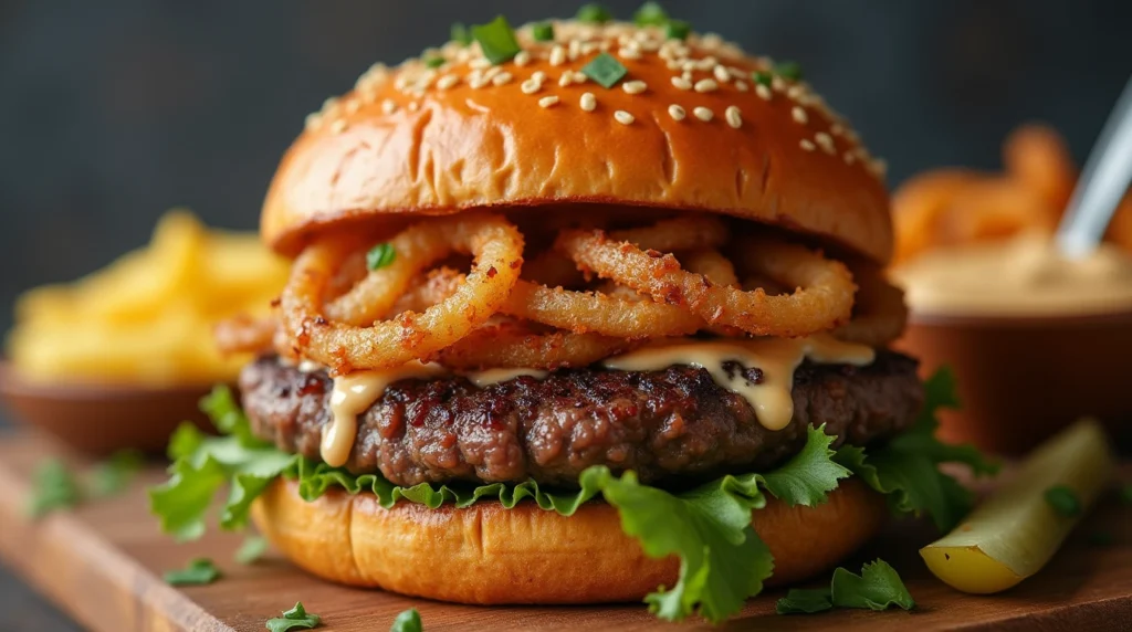 A grilled beef burger topped with golden fried onions and creamy mayo, served on a sesame seed bun with a side of crispy onion rings.