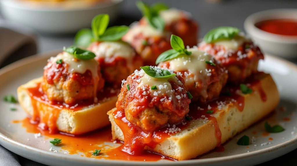 Golden Brown Chicken Parm Meatballs with Fresh Basil