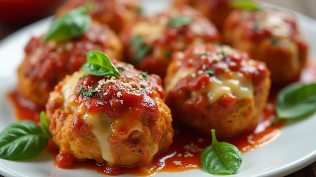 Baked Chicken Parm Meatballs with Marinara Sauce