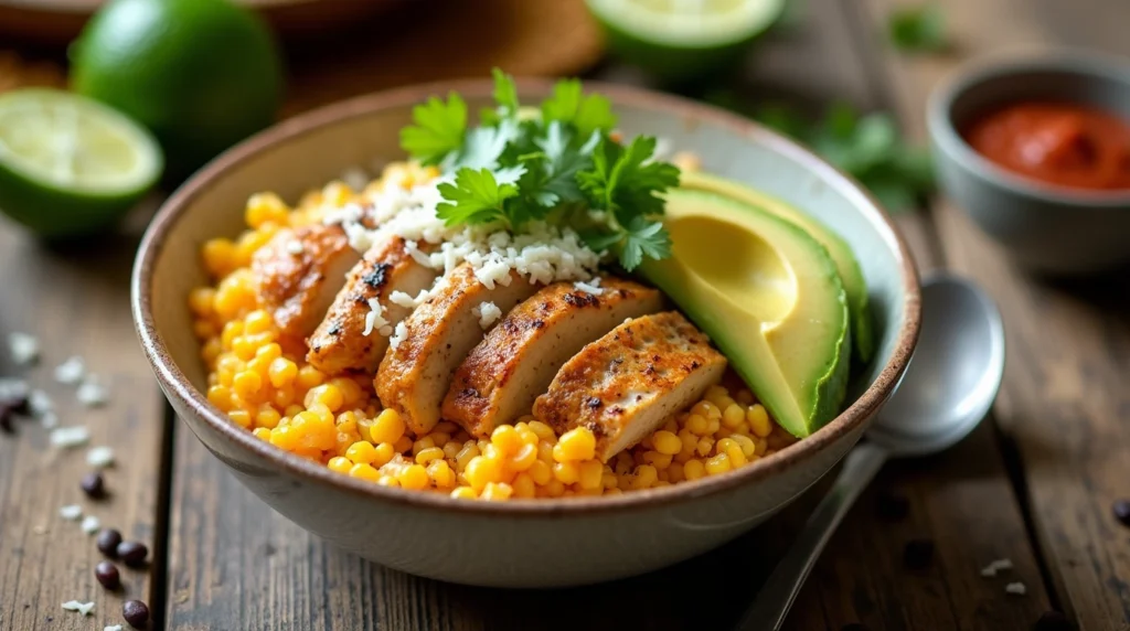  A vibrant Street Corn Chicken Rice Bowl topped with grilled chicken, creamy street corn, avocado, and cilantro, served with lime wedges on the side.