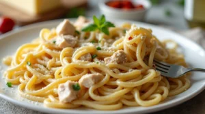 Marry Me Chicken Pasta recipe- A plate of creamy pasta with tender chicken, sun-dried tomatoes, fresh basil, and red pepper flakes, paired with a glass of Chardonnay.