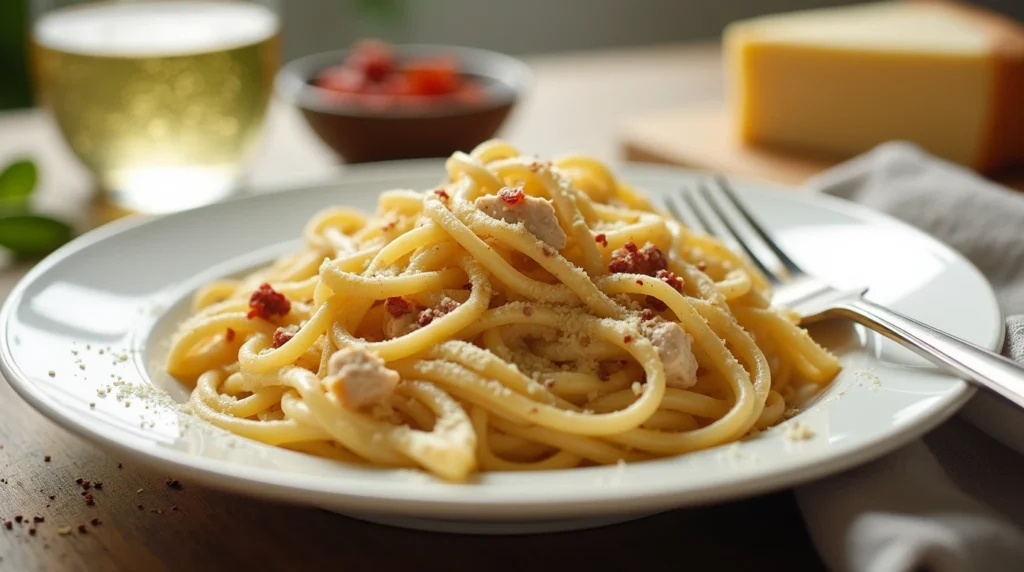 A serving of creamy Marry Me Chicken Pasta with tender chicken, pasta, sun-dried tomatoes, and fresh basil, garnished with red pepper flakes and extra parmesan. A glass of white wine accompanies the dish.