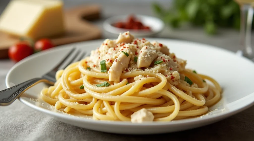 A close-up of Marry Me Chicken Pasta on a plate, topped with fresh basil, parmesan, and a sprinkle of red pepper flakes. A glass of Chardonnay is placed beside the dish, highlighting the meal's elegance.