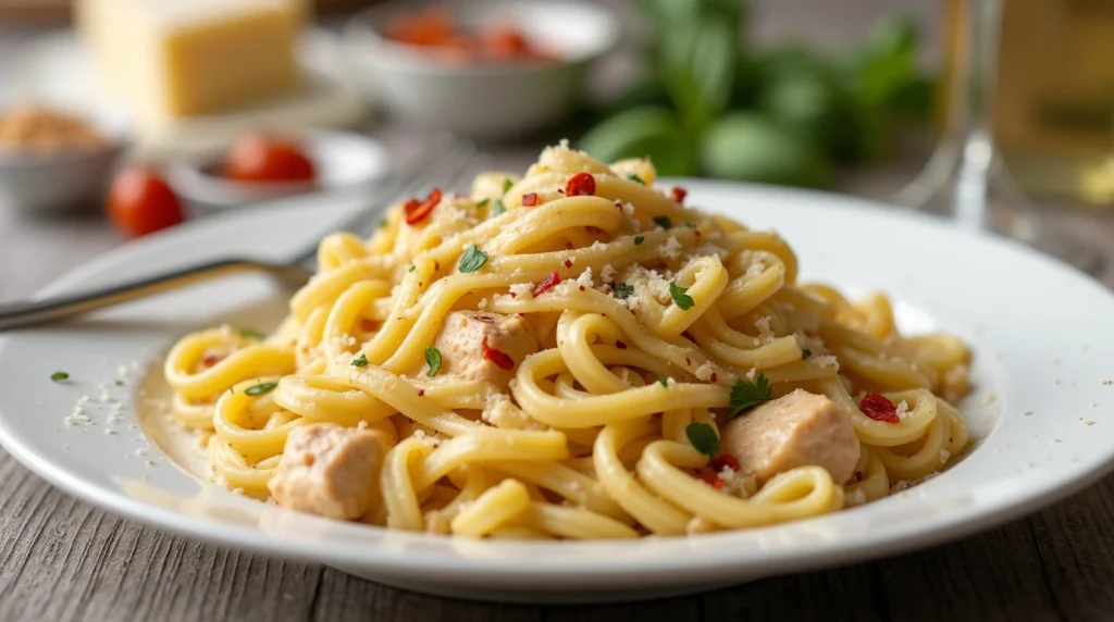 Marry Me Chicken Pasta garnished with fresh basil and red pepper flakes, showcasing its creamy sauce and tender chicken on a white plate. A glass of Pinot Grigio adds an elegant touch.