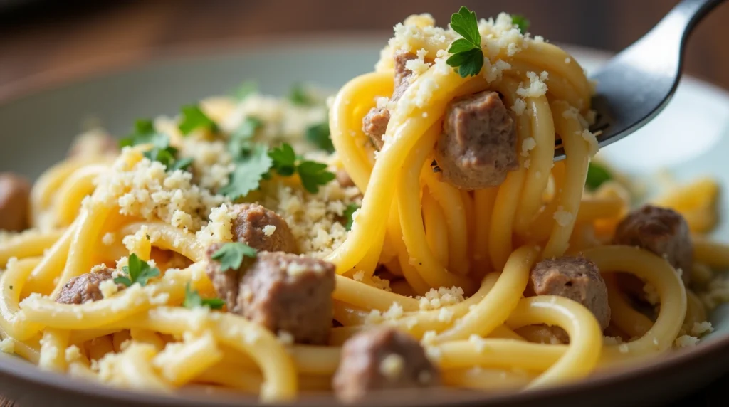 A bowl of Cheesy Beef and Bowtie Pasta in Garlic Butter, garnished with fresh parsley and parmesan, with a creamy garlic butter sauce coating each piece of pasta.