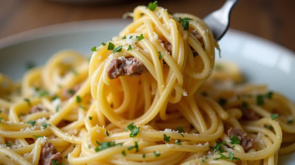 Close-up view of a serving of Cheesy Beef and Bowtie Pasta in Garlic Butter, with melted cheese and fresh parsley sprinkled on top.