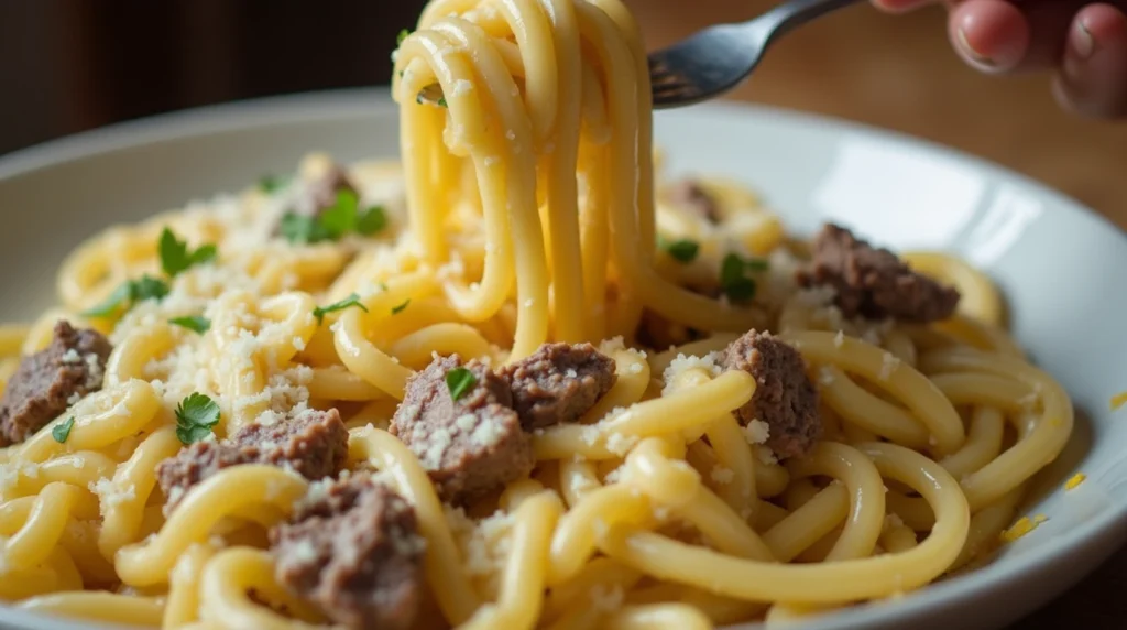 A plate of Cheesy Beef and Bowtie Pasta in Garlic Butter, with a fork twirling the pasta and cheese stretching as you pull it up.