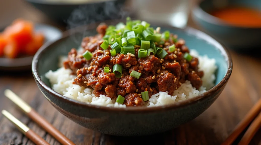 Korean Ground Beef Bowl served with rice, garnished with green onions, sesame seeds, and gochujang, accompanied by pickled vegetables and chopsticks