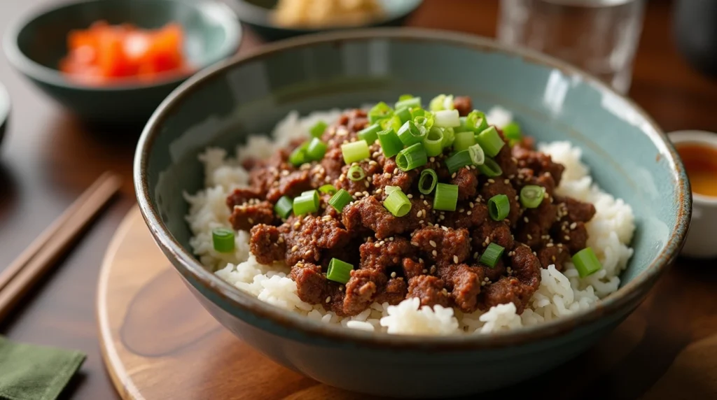 Korean Ground Beef Bowl with rice, garnished with green onions, sesame seeds, and gochujang, served with pickled vegetables and chopsticks.