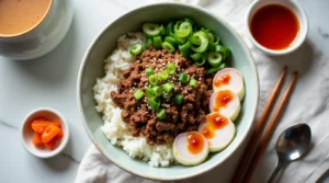 Korean Ground Beef Bowl served over rice, garnished with green onions, sesame seeds, and a dollop of gochujang, with pickled radish and chopsticks on the side.