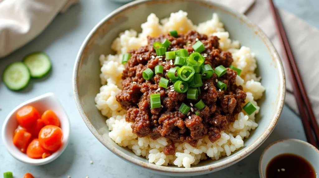 Korean Ground Beef Bowl with rice, garnished with green onions, sesame seeds, and gochujang, served with chopsticks and pickled vegetables on the side.