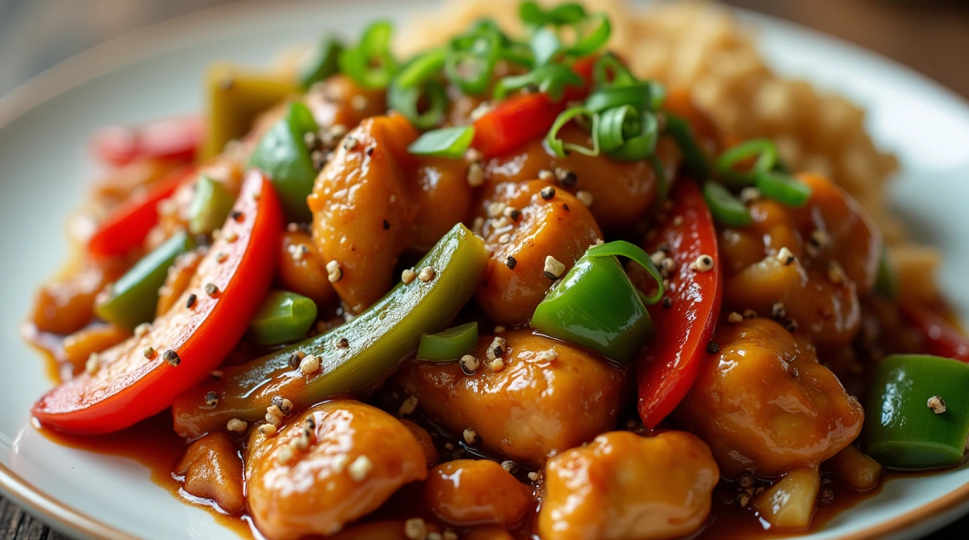 A plate of Black Pepper Chicken stir-fry with tender chicken pieces, bell peppers, and onions coated in a glossy black pepper sauce, served with steamed jasmine rice.