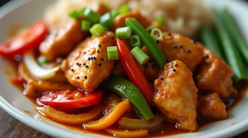 Black Pepper Chicken stir-fry with tender chicken, bell peppers, and onions coated in a rich, savory black pepper sauce, served with jasmine rice.