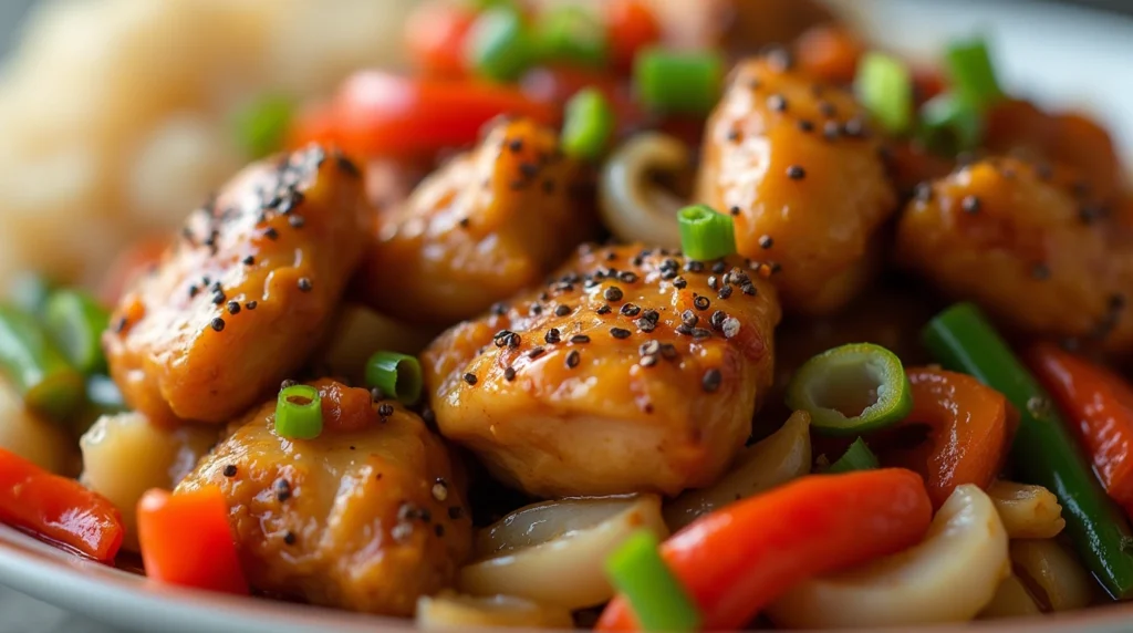 A plate of Black Pepper Chicken stir-fry with tender chicken, bell peppers, and onions coated in a glossy black pepper sauce, served with steamed rice.