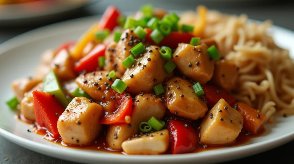 Black Pepper Chicken stir-fry with tender chicken, bell peppers, and onions in a savory black pepper sauce, served with steamed rice.