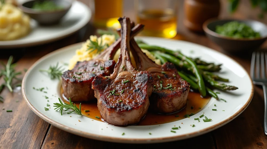 Pan-seared lamb chops with roasted asparagus, mashed potatoes, and a side of tzatziki for extra flavor.