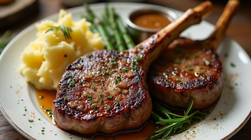  Pan-seared lamb chops plated with a side of chimichurri sauce, mashed potatoes, and garlic butter green beans.