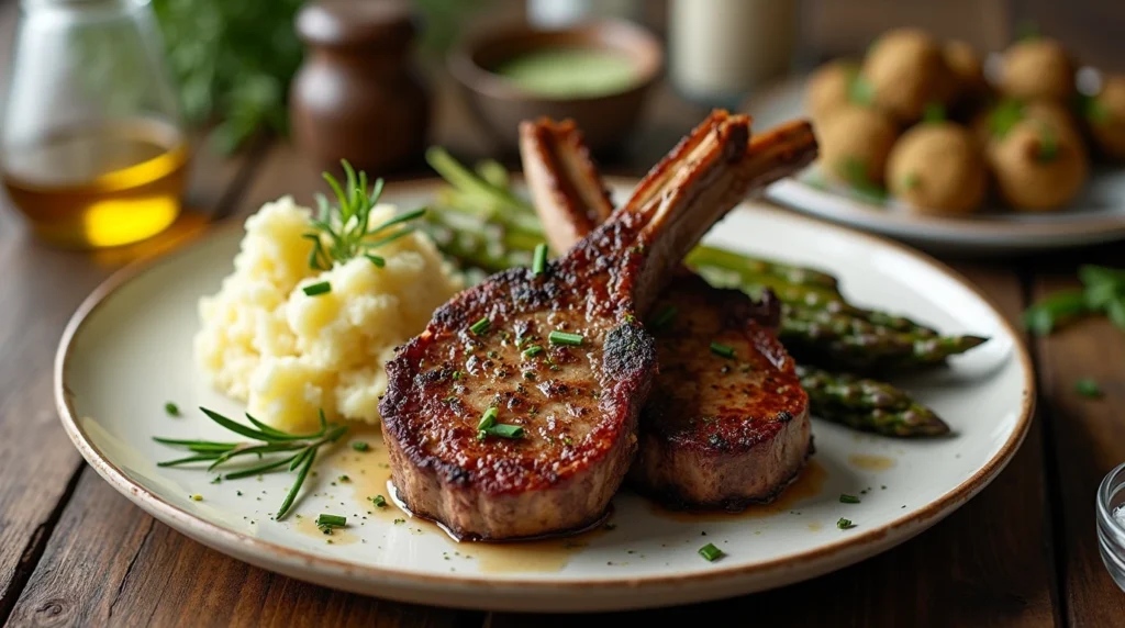 Close-up of perfectly seared lamb chops with garlic herb butter, roasted asparagus, and mashed potatoes on a white plate.