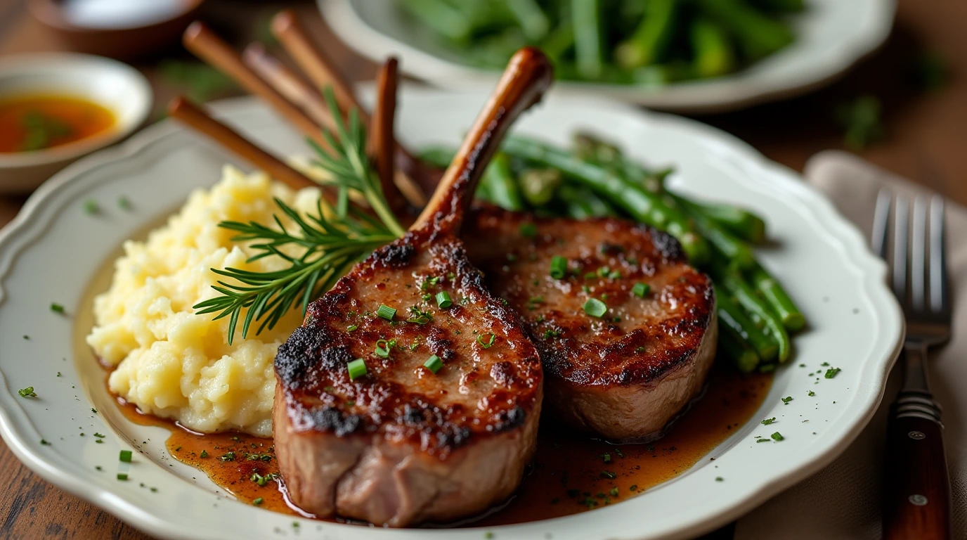 Pan-seared lamb chops with a crispy golden-brown crust, served with garlic herb butter, roasted asparagus, mashed potatoes, and a side of chimichurri sauce.