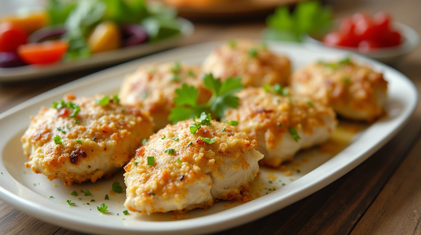 A delicious serving of Melt-In-Your-Mouth Chicken Breasts topped with a creamy Parmesan-mayo coating, garnished with fresh parsley, alongside roasted vegetables and a crisp garden salad.