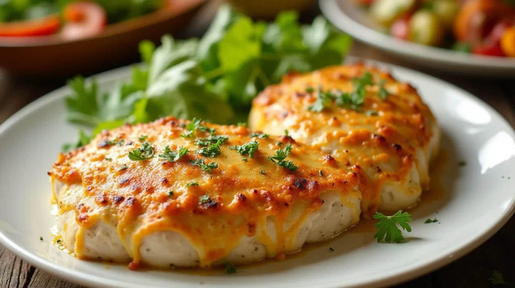 A close-up of Melt-In-Your-Mouth Chicken Breasts showcasing a golden Parmesan-mayo topping, served with a side of roasted vegetables.