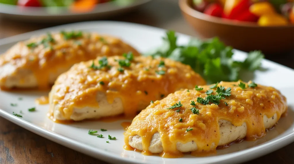  Melt-In-Your-Mouth Chicken Breasts plated with a fresh garden salad and mashed potatoes on a rustic table setting.