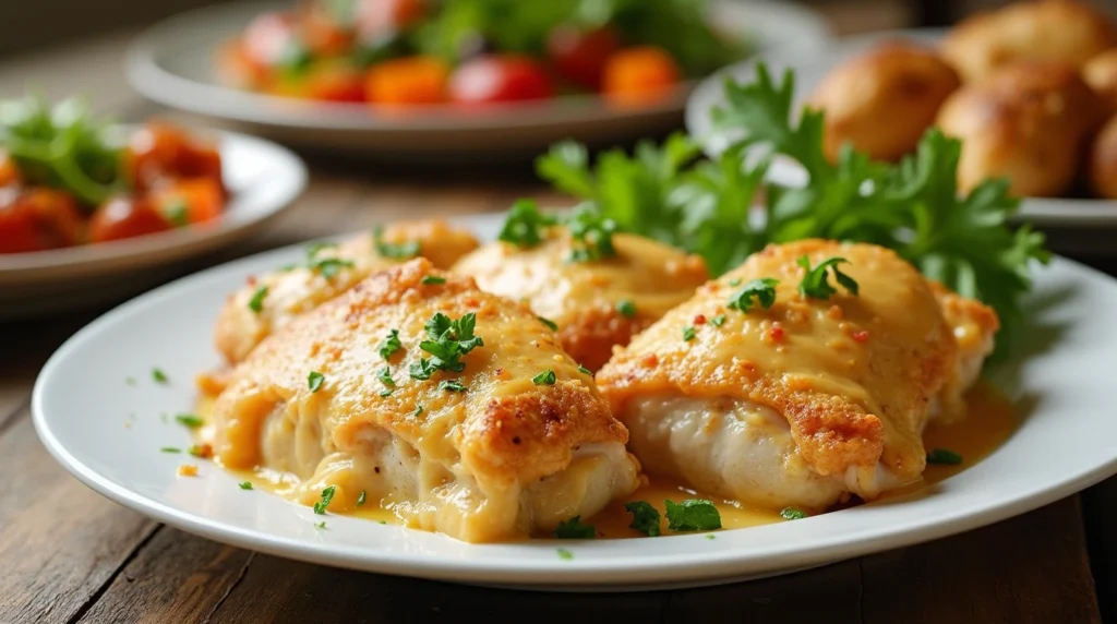  A family-style dinner table featuring Melt-In-Your-Mouth Chicken Breasts and colorful side dishes, creating a warm atmosphere.